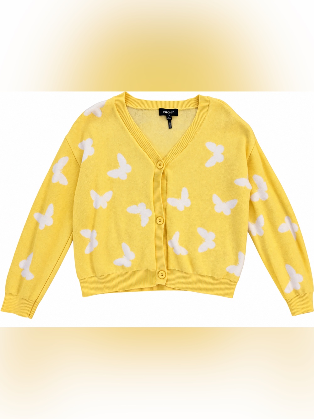 DKNY Yellow Cardigan with White Butterfly Pattern Girls Large (14-16)